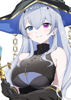 Rule 34 | 1girl, black dress, black gloves, black hat, blue eyes, blush, breast zipper, breasts, chain, cleavage, crop top, dress, elbow gloves, gloves, grey hair, hair ornament, halloween, halloween costume, hat, heterochromia, highres, large breasts, large hat, long hair, mattyazuki, neo-porte, pink eyes, skindentation, sleeveless, smile, solo, staff, taut clothes, taut dress, tentei forte, turtleneck, underbust, virtual youtuber, wand, white background, witch, witch hat