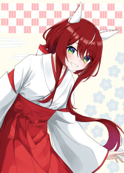 Rule 34 | 1girl, absurdres, alternate costume, animal ears, bow, commentary request, ear covers, egasumi, floral background, green eyes, hair between eyes, hakama, hakama skirt, highres, horse ears, horse girl, japanese clothes, kanameyuzuriha, kimono, leaning forward, long hair, long sleeves, looking at viewer, low twintails, miko, multicolored hair, red bow, red hair, red hakama, skirt, smile, solo, streaked hair, twintails, umamusume, white hair, white kimono, white streaks, wide sleeves, win variation (umamusume)