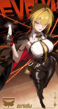 1girl absurdres arm_strap black_pants blonde_hair breasts character_name chest_harness commentary_request elbow_gloves evelyn_chevalier from_above gloves hair_up half_gloves hand_on_own_hip harness high-waist_pants highres holding holding_knife jacket jacket_on_shoulders knife ko-ma large_breasts latex_pants long_ribbon mole mole_under_eye necktie open_mouth pants purple_eyes ring_hair_ornament sidelocks single_elbow_glove single_half_glove solo string string_of_fate tight_clothes tight_pants uneven_bangs yellow_necktie zenless_zone_zero