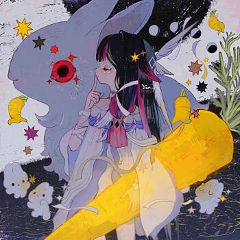 1girl black_hair carrot closed_eyes closed_mouth columbina_(genshin_impact) cowboy_shot dress genshin_impact hashtag-only_commentary highres holding holding_carrot li04r long_hair low-tied_sidelocks moon_phases multicolored_hair oversized_food oversized_object pink_hair rabbit ribbon sidelocks solo sparkle two-tone_hair white_dress white_ribbon