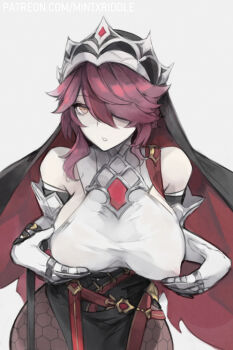 Rule 34 | 1girl, armpit crease, bags under eyes, bare shoulders, belt, breasts, covered erect nipples, cupping hands, dress, elbow gloves, fishnet pantyhose, fishnets, genshin impact, gloves, hair over one eye, highres, jewelry, large breasts, leaning forward, looking at viewer, mintxriddle, multicolored hair, nun, own hands together, pantyhose, patreon username, purple eyes, purple hair, red belt, red hair, ring, rosaria (genshin impact), see-through clothes, shade, short hair, simple background, solo, streaked hair, white background, white gloves