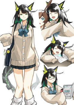 2girls ^_^ absurdres ahoge amiya_(arknights) arknights bespectacled black-framed_eyewear black_hair blue_bow blue_bowtie book bow bowtie buttons cardigan closed_eyes closed_mouth colored_inner_hair commentary drooling emoji fang glasses green_eyes green_hair hair_ornament hairclip highres holding holding_book huge_ahoge leg_warmers medium_hair mon3tr_(arknights) multicolored_hair multiple_girls multiple_views open_mouth reading saliva school_uniform semi-rimless_eyewear simple_background skin_fang sleeping sleeves_past_fingers sleeves_past_wrists smile tail under-rim_eyewear white_background white_cardigan white_leg_warmers yagi000