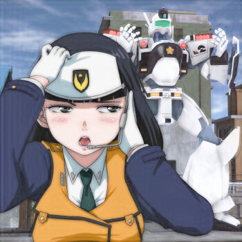 1girl 3d av-98_ingram black_hair blue_jacket blush breasts building cloud gloves green_necktie grey_eyes hand_on_own_head hat headset jacket kanuka_clancy kidou_keisatsu_patlabor long_sleeves looking_to_the_side mecha medium_breasts necktie open_mouth orange_vest police police_badge police_uniform policewoman robot shirt short_hair sky skyscraper standing t_jiroo_(ringofriend) teeth vest white_gloves white_hat white_shirt