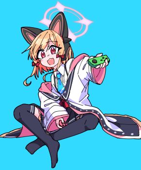 1girl :3 :d absurdres animal_ear_headphones animal_ears aqua_background aqua_necktie black_skirt black_thighhighs blonde_hair blue_archive blush_stickers bow buttons cat_ear_headphones cat_ears collared_shirt commentary_request controller crossed_ankles fake_animal_ears floating_hair frilled_jacket frilled_skirt frills full_body game_controller hair_bow halo headphones highres holding holding_controller holding_game_controller indian_style invisible_chair jacket joy-con long_sleeves looking_at_viewer low-tied_sidelocks medium_hair momoi_(blue_archive) multicolored_jacket necktie nintendo_switch no_shoes off_shoulder open_mouth outstretched_arm parted_bangs pink_eyes pink_halo pink_jacket pleated_skirt red_bow school_uniform shirt sidelocks simple_background sitting skirt smile solo spread_legs suspender_skirt suspenders suzshilo teeth thighhighs two-sided_fabric two-sided_jacket unbuttoned_jacket upper_teeth_only white_jacket white_shirt wide_sleeves zettai_ryouiki