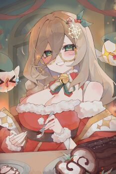 1girl absurdres aia_amare aiadmirer_(aia_amare) bare_shoulders bell beret blonde_hair blush breasts cake candy_cane_hair_ornament christmas christmas_cake cleavage cookie detached_sleeves dress eyewear_strap food food-themed_hair_ornament full-face_blush fur-trimmed_dress fur-trimmed_sleeves fur_trim gingerbread_cookie glasses green_eyes grin hair_between_eyes hair_ornament hat highres holding holding_spoon incredibly_absurdres jingle_bell large_breasts long_hair looking_at_viewer mewraii mistletoe_hair_ornament neck_bell nijisanji nijisanji_en santa_costume santa_dress second-party_source semi-rimless_eyewear smile snowflake_hair_ornament spoon swiss_roll virtual_youtuber
