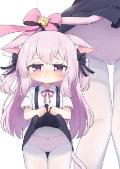 1girl animal_ear_fluff animal_ears artist_name azur_lane bell blue_bow blue_skirt blush bow bow_panties cameltoe cat_ears cat_girl cat_tail closed_mouth clothes_lift collared_shirt commentary_request commission covered_navel crotch_seam double-parted_bangs embarrassed female_focus flat_chest hair_bow highres jingle_bell kisaragi_(azur_lane) kisaragi_(retrofit)_(azur_lane) kokone_(coconeeeco) lifted_by_tail lifting_own_clothes loli long_hair miniskirt mtu_virus multiple_hair_bows multiple_views neck_ribbon no_headwear official_alternate_costume paid_reward_available panties panties_under_pantyhose pantyhose pink_bow pink_eyes pink_hair pink_panties pink_ribbon pleated_skirt ribbon shirt short_sleeves simple_background skeb_commission skirt skirt_lift smile suspender_skirt suspenders tail tail_bell tail_bow tail_ornament thigh_gap thighband_pantyhose two_side_up underwear white_background white_pantyhose white_shirt wide_sleeves