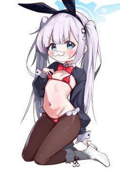 1girl animal_ears bikini blue_archive blue_eyes blue_halo blush boots bow bowtie breasts cherino_(blue_archive) facial_hair fake_animal_ears fake_facial_hair fake_mustache fur_trim halo highres kneeling led_winter loli long_hair long_twintails looking_at_viewer micro_bikini mustache navel pantyhose rabbit_ears red_bikini red_bow red_bowtie reverse_bunnysuit reverse_outfit small_breasts solo swimsuit twintails white_background white_boots white_hair white_mustache