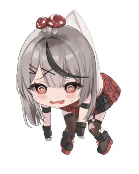 1girl @_@ arale_(ara1e) arm_strap black_boots black_gloves black_hair blush boots camisole chibi colored_shoe_soles fingerless_gloves gloves grey_hair hair_between_eyes hair_ornament hairclip hanging highres hololive lace-up_boots looking_at_viewer medium_hair multicolored_hair mushroom_on_head open_mouth plaid_clothes plaid_skirt platform_boots platform_footwear platform_heels pleated_skirt red_eyes red_skirt sakamata_chloe sakamata_chloe_(1st_costume) simple_background skirt solo streaked_hair sweat thighhighs torn_clothes torn_thighhighs virtual_youtuber wavy_mouth white_background white_camisole x_hair_ornament
