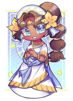 1girl 9lfylqjnuann3vr :d \||/ blue_background blue_eyes border bracelet breasts bright_pupils brown_hair colored_eyelashes commentary_request cookie_run cookie_run:_ovenbreak cropped_torso curtained_hair dark-skinned_female dark_skin deformed dress forehead_jewel gold_bracelet grey_pupils grin hair_ornament hair_tie halftone halftone_background hat high_ponytail highres humanization inset_border jewelry korean_commentary long_hair looking_at_viewer no_nose open_mouth outline outside_border own_hands_together ponytail short_sleeves simple_background small_breasts smile solo star-shaped_pupils star_(symbol) star_hair_ornament starfruit_cookie symbol-shaped_pupils white_border white_dress white_hat white_outline