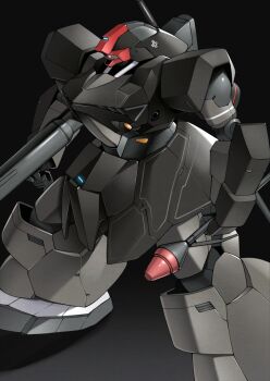 absurdres bazooka_(gundam) black_background commentary dom_(mobile_suit) foot_out_of_frame from_side gundam highres holding holding_weapon mecha mecha_focus mobile_suit no_humans one-eyed original red_eyes redesign robot science_fiction solo standing sturm_faust takahashi_masaki weapon