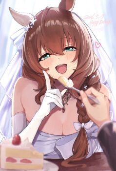 1boy 1girl absurdres animal_ears aqua_eyes bare_shoulders blurry blush bow braid breasts brown_hair cake cake_slice cleavage commentary_request depth_of_field dress ear_covers elbow_gloves feeding food fork gloves hair_between_eyes hair_bow happy_birthday highres holding holding_fork horse_ears horse_girl index_finger_raised large_breasts long_hair looking_at_viewer maruzensky_(umamusume) open_mouth plate pov pov_hands reaching see-through_clothes see-through_veil single_braid single_ear_cover smile teeth trainer_(umamusume) umamusume upper_teeth_only uxxxjf veil wedding_dress white_dress white_gloves