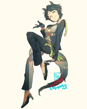 Rule 34 | 1girl, absurdres, animal ears, belt, black gloves, black hair, black jacket, black necktie, black pants, blush, breasts, brown belt, center frills, center opening, closed eyes, ear ornament, frilled shirt, frills, fuji kiseki (shooting star revue) (umamusume), fuji kiseki (umamusume), full body, gloves, hair between eyes, hfsean2, highres, horse ears, horse girl, horse tail, jacket, long sleeves, medium breasts, multicolored hair, necktie, open mouth, pants, shirt, shoes, short hair, simple background, smile, solo, tail, teeth, umamusume, white hair, white shirt