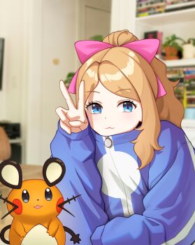 1girl :3 absurdres blue_eyes blue_jacket brown_hair calem_(pokemon) calem_(pokemon)_(cosplay) cosplay dedenne gen_6_pokemon highres jacket maemmae nintendo photo_background pokemon pokemon_(creature) pokemon_xy serena_(pokemon) upper_body v whiskers