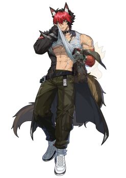 1boy abs animal_ear_fluff animal_ears bandaged_arm bandages black_gloves black_hair black_jacket body_fur brown_tail cargo_pants clothes_lift collar collarbone commentary crossed_bangs dog_boy dog_ears dog_tail ear_piercing english_commentary fingerless_gloves full_body gloves green_pants hair_between_eyes highres jacket jewelry komano_manato looking_at_viewer male_focus multicolored_hair multiple_scars muscular muscular_male navel necklace pants parted_lips pectorals piercing red_bandage red_eyes red_hair scar scar_across_eye scar_on_chest scar_on_face scar_on_shoulder shirt_lift shoes short_hair shoucchi96 simple_background single_bare_shoulder solo spiked_jacket sweat tail tank_top very_sweaty watermark white_background white_shoes white_tank_top zenless_zone_zero