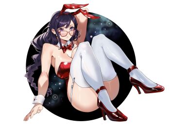 Rule 34 | 1girl, absurdres, animal ear hairband, animal ears, arm behind head, arm up, bare shoulders, black hair, bow, bowtie, braid, breasts, cleavage, commentary, detached collar, fake animal ears, firstdayiyui, full body, garter straps, glasses, hairband, hanekawa tsubasa, high heels, highleg, highleg leotard, highres, huge breasts, knees up, leotard, long hair, monogatari (series), parted lips, playboy bunny, purple eyes, rabbit ear hairband, rabbit ears, red-framed eyewear, red bow, red bowtie, red leotard, red shoes, shoes, solo, strapless, strapless leotard, thighhighs, thighs, white thighhighs, white wrist cuffs, wrist cuffs