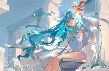 Rule 34 | + +, 1girl, 37 (down in the grotto) (reverse:1999), 37 (reverse:1999), architecture, arm up, bare legs, bare shoulders, bird, bird on hand, blue eyes, blue hair, blue sky, cape, day, feet out of frame, floating hair, greco-roman architecture, hair between eyes, hair ornament, hand up, highres, hydrogen fish, long hair, looking up, official alternate costume, one-piece swimsuit, outdoors, pillar, plant, reverse:1999, sitting, sky, solo, swimsuit, very long hair, vines, white cape, white one-piece swimsuit