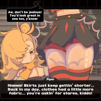 2girls absurdres ass ass_focus black_jacket black_skirt black_thighhighs blonde_hair blood blush breasts burnice_white crop_top detached_sleeves english_text gloves green_eyes highres jacket long_hair lower_body median_furrow midriff multiple_girls nosebleed piper_wheel shorts shorts_under_skirt skirt small_breasts spiked_belt thighhighs thighs yellow_gloves ynctoo yuri zenless_zone_zero