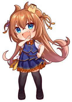1girl absurdres black_shoes black_thighhighs blue_eyes blue_skirt blue_vest blush chibi commentary_request fang food frilled_skirt frills hair_horns hand_on_own_hip high-waist_skirt highres hirasaka_mei_(vtuber) indie_virtual_youtuber loafers long_hair miniskirt ojou-sama_pose open_mouth orange_hair pudding shirt shoes skirt smile solo thighhighs tohyama_shage v-shaped_eyebrows very_long_hair vest virtual_youtuber white_shirt zettai_ryouiki