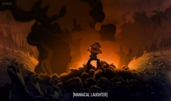 1boy asymmetrical_hair black_hair black_pants black_shirt bulletproof_vest call_of_duty call_of_duty:_modern_warfare_2 english_text evil_smile fire highres kentha_10 lilo_&amp;_stitch male_focus open_mouth outdoors pants shirt short_hair sidecut smile soap_(modern_warfare_2) solo twitter_username undercut