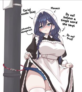 1girl apron arrow_(symbol) bicycle_lock black_dress blue_eyes blue_hair blue_panties blush braid breasts clothes_lift commentary commentary_request cowboy_shot dress dress_lift empire_waist english_commentary english_text frilled_hat frills hair_intakes hat high-waist_dress hololive hololive_english large_breasts lock long_sleeves low_twin_braids maid maid_apron mob_cap moshiedraws official_alternate_costume official_alternate_hairstyle ouro_kronii ouro_kronii_(maid) panties simple_background skindentation solo standing thighhighs thighs twin_braids underwear utility_pole victorian_maid virtual_youtuber white_apron white_background white_thighhighs