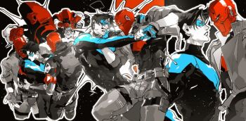 bat_signal batman_(series) batman_symbol black_bodysuit black_gloves bodysuit brothers brown_jacket dc_comics dick_grayson gloves grey_bodysuit guoba7777 jacket jason_todd male_focus mask multicolored_bodysuit muscular muscular_male nightwing open_clothes pants red_hood_(dc) red_hood_and_the_outlaws red_mask siblings superhero_costume taut_bodysuit two-tone_bodysuit