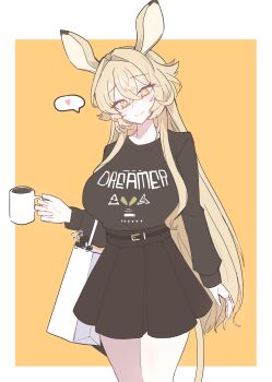 1girl absurdres alternate_breast_size_(larger) animal_ears arknights bag black_shirt black_skirt blonde_hair border breasts bright_pupils closed_mouth clothes_writing coffee coffee_mug commentary cowboy_shot crossed_bangs cup dorothy_(arknights) drink hair_between_eyes hair_intakes heart highres hmrsh holding holding_drink large_breasts long_hair long_sleeves looking_at_viewer mug outside_border pleated_skirt shirt simple_background skirt smile solo split_mouth spoken_heart standing t-shirt white_border white_pupils yellow_background yellow_eyes
