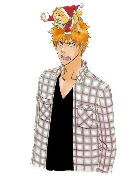 2012 2boys annoyed bleach brown_eyes collarbone hat kon_(bleach) kubo_tite kurosaki_ichigo looking_up multiple_boys official_art on_head open_mouth orange_hair santa_costume santa_hat shirt short_hair spiked_hair stuffed_animal stuffed_lion stuffed_toy