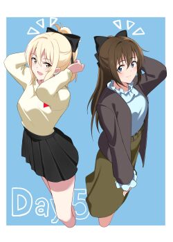 Rule 34 | 2girls, 89ru0, absurdres, black bow, black jacket, black skirt, blue background, blue eyes, blue shirt, border, bow, brown hair, closed mouth, commentary request, frilled shirt, frills, green skirt, hair bow, half updo, highres, jacket, long sleeves, looking at viewer, love live!, love live! nijigasaki high school idol club, medium skirt, miniskirt, miyashita ai, multiple girls, notice lines, open clothes, open jacket, osaka shizuku, pleated skirt, shirt, simple background, skirt, smile, white border, white shirt