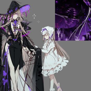 2girls alternate_costume alternate_form black_dress brown_hair closed_eyes coctokanizitoka cross derivative_work dress frilled_dress frills game_screenshot_inset hat herta_(honkai:_star_rail) herta_(puppet)_(honkai:_star_rail) honkai:_star_rail honkai_(series) irontomb long_hair multiple_girls open_clothes purple_eyes shoes simple_background sketch the_herta_(honkai:_star_rail) very_long_hair white_dress witch_hat