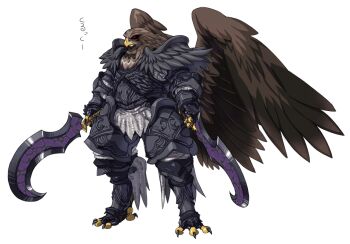 Rule 34 | armor, bird, dual wielding, eagle, fantasy, holding, monster, nezunezu, no humans, serious, simple background, standing, sword, weapon, wings