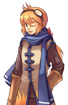 1boy 4leaf archived_source blue_scarf bow brown_coat brown_eyes brown_gloves brown_pants brown_sleeves brown_sweater coat commentary cowboy_shot elbow_gloves flame_print game_cg gloves goggles goggles_on_head hair_between_eyes hair_bow korean_commentary long_hair long_sleeves longsword_goodknight looking_at_viewer male_focus nexon official_art one_eye_closed open_mouth orange_hair pants print_coat red_bow ribbed_sleeves ribbed_sweater scarf simple_background softmax solo sweater tales_weaver tiv tongue white_background