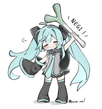 Rule 34 | 1girl, ahoge, black boots, black skirt, black sleeves, blue hair, blue necktie, blunt bangs, blush stickers, boots, closed eyes, closed mouth, collared shirt, detached sleeves, dot nose, facing viewer, food, full body, grey shirt, hatsune miku, highres, holding, holding food, holding spring onion, holding vegetable, long hair, long sleeves, miniskirt, necktie, pleated skirt, puff of air, shirt, simple background, skirt, sleeveless, sleeveless shirt, solo, spring onion, standing, thigh boots, thighhighs, twintails, twitter username, vegetable, very long hair, vocaloid, white background, wide sleeves, yuta 2341, zettai ryouiki