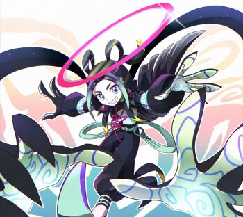 0nodera 1boy black_hair black_pants blue_eyes commentary commentary_request english_commentary extra_arms eyeliner fate/grand_order fate_(series) grin hair_rings long_hair looking_at_viewer makeup male_focus outstretched_arms pants pointy_shoes red_eyeliner running sharp_teeth shoes smile solo spread_arms taisui_xingjun_(fate) teeth very_long_hair