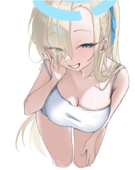 1girl asuna_(blue_archive) bare_shoulders blonde_hair blue_archive blue_eyes blue_halo blush breasts chico_(51m741) cleavage collarbone commentary eyes_visible_through_hair grey_shorts grin hair_over_one_eye halo hand_on_own_face large_breasts long_hair looking_at_viewer mole mole_on_breast shirt shorts simple_background smile solo symbol-only_commentary tank_top thighs very_long_hair white_shirt
