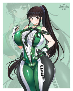 1girl artist_name bare_shoulders bodysuit border breasts brown_eyes brown_hair commentary cowboy_shot curvy english_commentary eve_(stellar_blade) green_background green_bodysuit grey_background highres huge_breasts jarckius legs_together long_hair looking_at_viewer multicolored_bodysuit necktie outside_border planet_diving_suit_(7th)_(stellar_blade) ponytail simple_background solo standing stellar_blade thick_thighs thighs tight_clothes two-tone_bodysuit very_long_hair white_border wide_hips zoom_layer