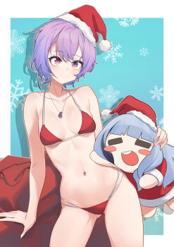 Rule 34 | 2girls, alternate costume, aningay, bikini, blue background, blush stickers, breasts, chibi, closed mouth, collarbone, commentary request, contrapposto, fresnel (neural cloud), girls' frontline, girls' frontline neural cloud, gluteal fold, hair between eyes, hat, highres, hubble (neural cloud), inset border, jewelry, korean commentary, medium breasts, multi-strapped bikini bottom, multiple girls, navel, necklace, open mouth, purple eyes, purple hair, red bag, red bikini, santa costume, santa hat, short hair, simple background, smile, snowflakes, stomach, string bikini, swimsuit, two-tone background, white background