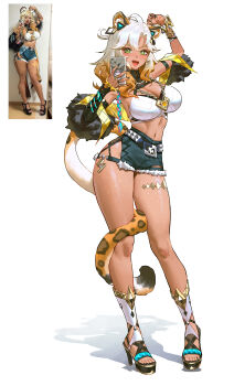 Rule 34 | 1girl, absurdres, animal ear fluff, animal ears, arm up, blonde hair, bracelet, braid, breasts, cellphone, clothing cutout, commentary, crop top, dark-skinned female, dark skin, denim, denim shorts, fang, fingernails, full body, fur-trimmed jacket, fur trim, genshin impact, green eyes, hashtag-only commentary, high heels, highres, holding, holding phone, jacket, jaguar ears, jaguar girl, jaguar tail, jewelry, kuromi, large breasts, long fingernails, medallion, multicolored hair, multicolored nails, multiple rings, my melody (series), navel, open mouth, orange hair, phone, photo inset, platform heels, reference inset, ring, sanrio, selfie, shadow, shorts, single braid, smartphone, smile, solo, stomach, tail, tail around own leg, tail wrap, untranslatable commentary, vision (genshin impact), white background, wonbin lee, xilonen (genshin impact)