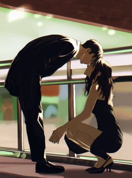 1boy 1girl artist_name bare_arms bare_shoulders bent_over black_dress black_hair black_jacket black_pants black_shoes black_suit breasts catyyps dress forehead-to-forehead formal_clothes full_body glasses hange_zoe heads_together high_heels highres jacket levi_(shingeki_no_kyojin) long_hair looking_at_another medium_breasts pants pumps shingeki_no_kyojin shoes short_hair squatting suit suit_jacket