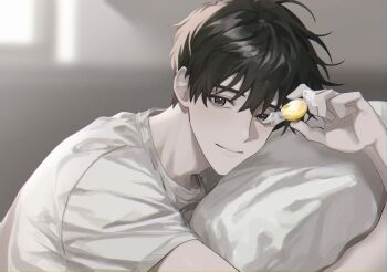 1boy black_eyes black_hair candy commentary_request food hand_up highres holding holding_candy holding_food hugging_object kim_dokja korean_commentary looking_at_viewer male_focus narak omniscient_reader's_viewpoint pillow pillow_hug shirt short_hair smile solo upper_body white_shirt window_light