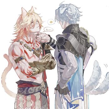 2boys animal_ears antenna_hair arm_tattoo armlet armor black_coat black_gloves black_shirt blonde_hair blue_cape braid cape cat_ears cat_tail chest_tattoo clawed_gauntlets closed_eyes coat commentary crossed_arms dog_boy dog_ears dog_tail earrings facial_tattoo fingerless_gloves gloves gold_earrings gold_necklace gradient_hair highres honkai:_star_rail honkai_(series) jewelry male_focus medium_hair multicolored_hair multiple_boys mydei_(honkai:_star_rail) neck_tattoo necklace open_clothes open_coat pauldrons phainon_(honkai:_star_rail) red_hair red_tattoo shirt short_hair shoulder_armor side_braid side_cape simple_background single_glove single_pauldron spoken_emoji sunset_1830 symbol-only_commentary tail tail_wagging tattoo white_background white_coat white_hair yaoi