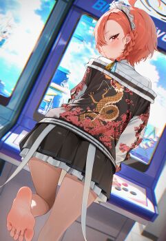 1girl absurdres arcade arcade_cabinet barefoot black_skirt blue_archive blush braid closed_mouth dragon_print floral_print_jacket highres jacket looking_at_viewer looking_back miniskirt mixed-language_commentary mole mole_under_eye neru_(blue_archive) orange_hair playing_games pleated_skirt print_jacket radoremo red_eyes shirt sideways_glance single_braid skirt soles solo toes white_shirt