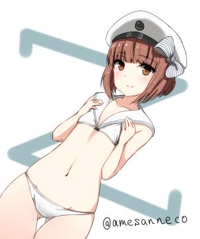 1girl ame-rain bare_arms beret bikini brown_eyes brown_hair closed_mouth commentary_request flat_chest gluteal_fold hair_ribbon hat highres kantai_collection letter looking_at_viewer navel ribbon sailor_collar short_hair smile solo standing swimsuit thighs twitter_username white_background white_bikini white_hat white_sailor_collar z3_max_schultz_(kancolle) z3_max_schultz_(swimsuit)_(kancolle)