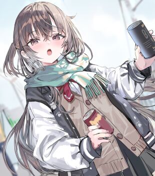 1girl absurdres aqua_scarf black_hair blurry blurry_background can hair_between_eyes highres holding holding_can jacket long_hair long_sleeves looking_at_viewer momoko_(momopoco) open_clothes open_jacket open_mouth outdoors scarf solo suou_yuki tokidoki_bosotto_roshia-go_de_dereru_tonari_no_alya-san winter_clothes