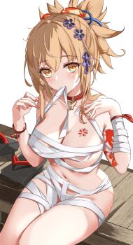 1girl bandaged_arm bandages bare_shoulders blonde_hair breast_tattoo breasts choker cleavage genshin_impact geta hair_ornament hands_up highres long_hair looking_at_viewer medium_breasts mouth_hold nail_polish navel orange_eyes ponytail red_choker red_nails sarashi shoulder_tattoo sitting solo tattoo thighs vayneeeee wristband yoimiya_(genshin_impact)