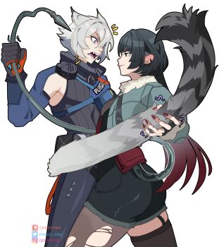 1boy 1girl absurdres black_pantyhose black_shorts blunt_bangs fingernails fur-trimmed_jacket fur_trim green_eyes green_hair green_jacket grey_hair hair_between_eyes heart heart_tail highres jacket jane_doe_(zenless_zone_zero) looking_at_another multicolored_hair nail_polish odeko_yma open_mouth pantyhose pulling_tail red_hair red_nails seth_lowell shorts sidelocks simple_background smile standing tail teeth white_background zenless_zone_zero