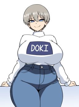 1girl absurdres blue_eyes blue_pants breasts closed_mouth cowboy_shot fang grey_hair high-waist_pants highres huge_breasts iggybomb long_sleeves looking_at_viewer pants short_hair simple_background smile solo standing sweater turtleneck turtleneck_sweater uzaki-chan_wa_asobitai! uzaki_hana white_background white_sweater