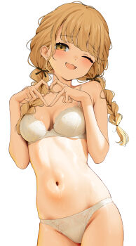 1girl absurdres blonde_hair bra commentary_request fujita_kotone gakuen_idolmaster gin00 heart heart_hands highres idolmaster long_hair looking_at_viewer one_eye_closed open_mouth paid_reward_available ribbon smile solo underwear white_background yellow_eyes