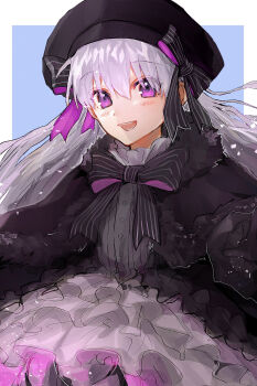 1boy 1girl black_dress blush border bow commentary_request dress eyelashes fate/grand_order fate_(series) grey_hair highres long_hair looking_at_viewer male_focus nursery_rhyme_(fate) open_mouth purple_eyes purple_ribbon ribbon solo striped_bow umeboitarou white_border