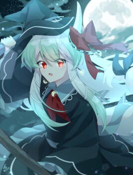 Rule 34 | 1girl, black dress, black hat, bow, brooch, broom, broom riding, cloud, collar, commentary request, crescent, crescent earrings, dress, earrings, ex-keine, fang, flying, full moon, glowing, glowing eyes, glowing gem, green hair, grey collar, grey hair, grey sash, hat, hat on horn, highres, horn bow, horn ornament, horns, jewelry, kamishirasawa keine, light blush, long hair, moon, multicolored hair, neckerchief, necklace, night, open mouth, red bow, red eyes, red neckerchief, renge kanatsuki, ribbon, sky, solo, star (sky), starry sky, tail, tail ornament, tail ribbon, touhou, two-tone hair, witch hat