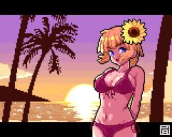 1girl animated arms_behind_back beach bikini blinking blue_eyes flower flower_on_head katapunyoshida nature ocean orange_hair original palm_tree pixel_art solo standing sun sunflower swimsuit tagme tree video
